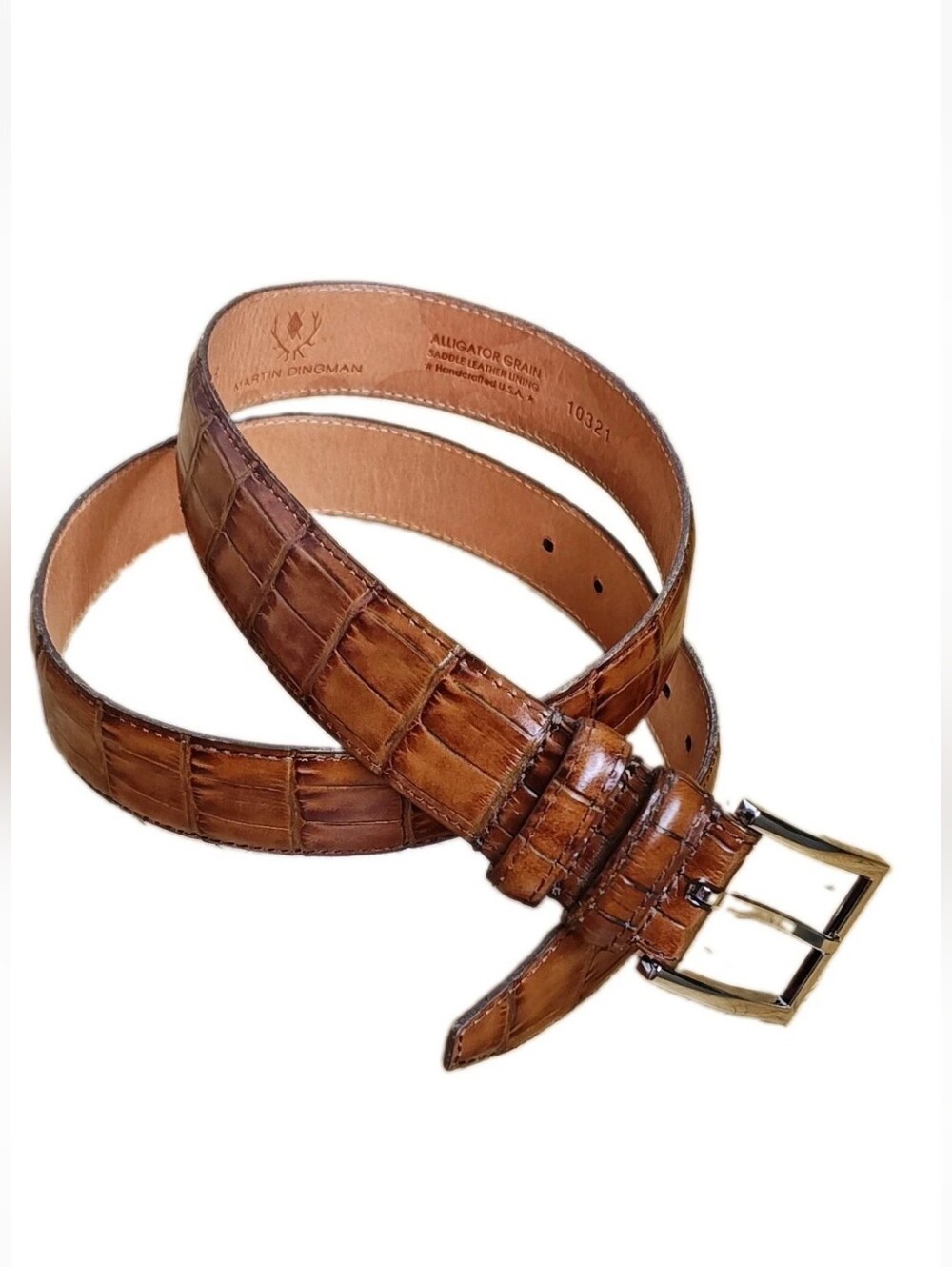 Martin Dingman Alligator Grain Belt Brown Saddle Leather Lined Men 36 10321 USA